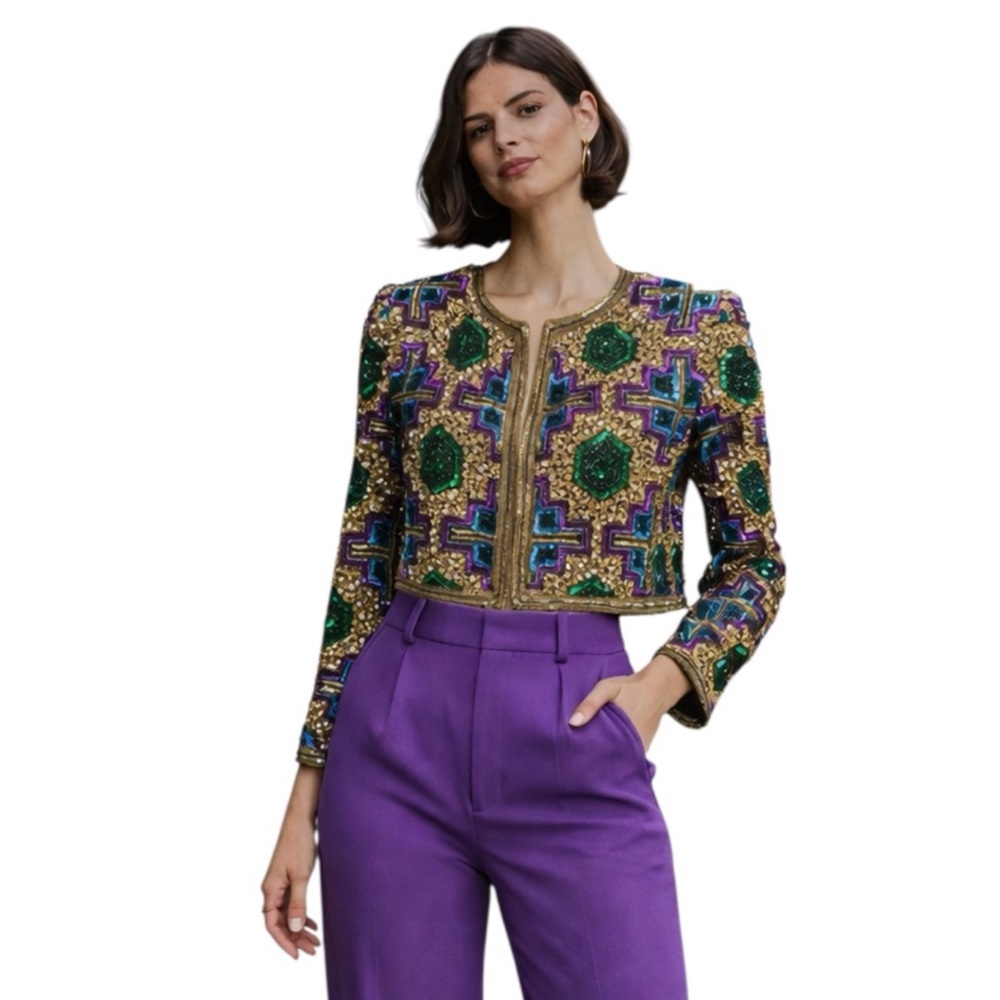 Brilliante Vintage Silk Sequined Beaded Geometric Embellished Blazer